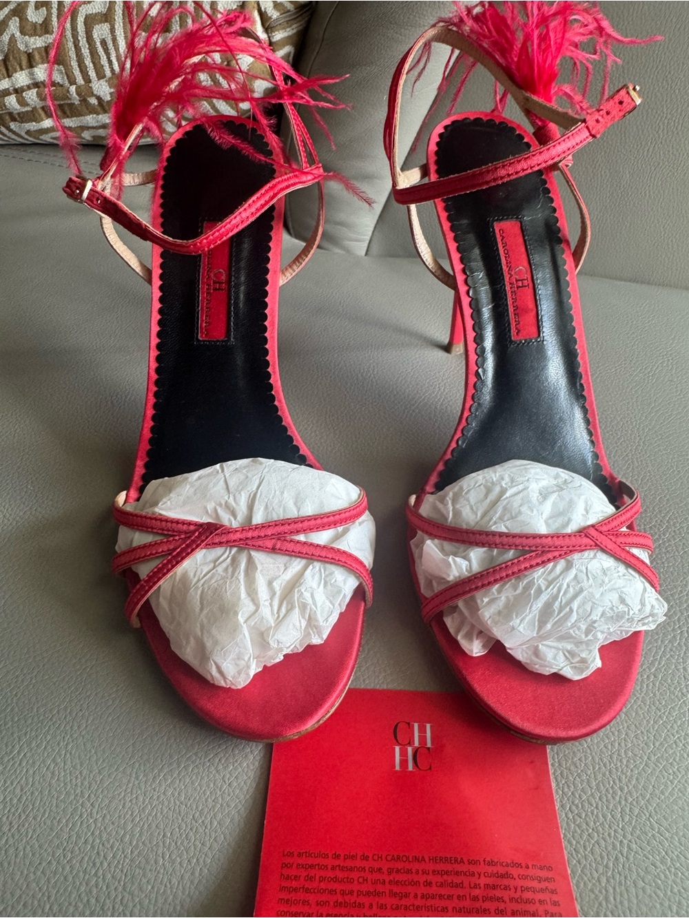 Carolina Herrera Hot Pink Feather Strap Stiletto Sandals